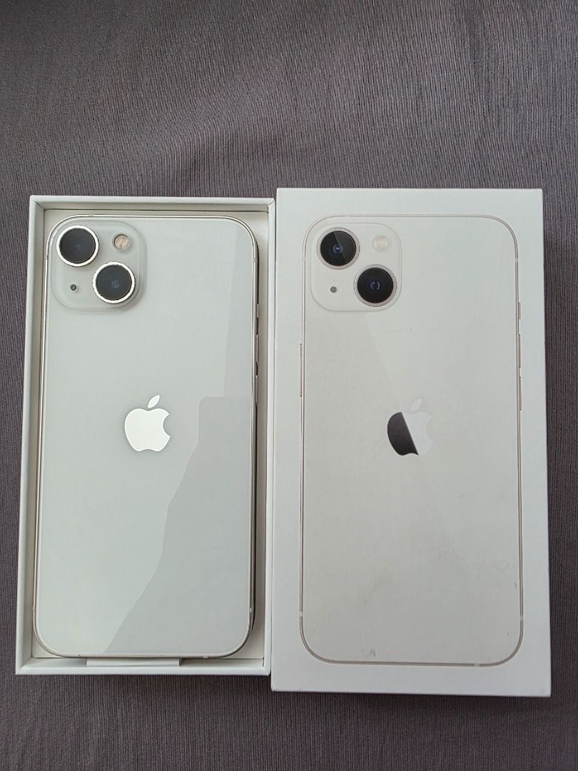 iPhone 13 128gb (Starlight) (Category: iPhone 13 Series) located in Manila. Submitted by av.santiago (Listing ID 1467001762, Image 1). Description: 128gb starlight openline local variant (zp/a) 84 battery health (original) no history of repair Inclusions: * original box * original apple lightning cable * case * ugreen borderless tempered glass cosmetic issues * minor paint chips sa camera ring * tiny dent sa lower right Location: * Sta. Rosa Lagu