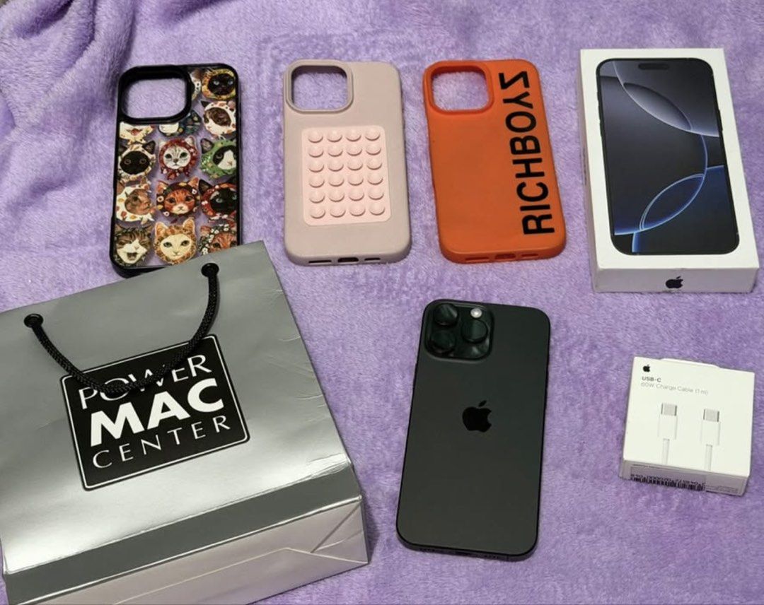 iPhone 16 pro max 256gb (Category: iPhone 16 Series) located in Mandaluyong City. Submitted by dannaaacakes (Listing ID 1467159542, Image 1). Description: selling my personal used phone— iPhone 16 pro max 256gb bought on March 2025 inclusion: original box with same imei pmc paper bag replacement type-c cable + adapter 5 phone cases (other cases not on the pic) canada variant (but physical sim/any sim will do) LL/A RFS: upgraded to 17 pro max alre