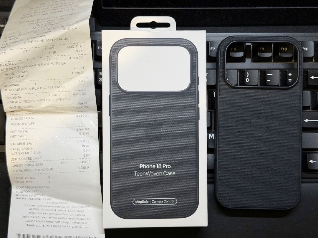 iPhone 18 Pro 17 Pro Techwoven Case Black Original Apple With Receipt (Category: Cases & Sleeves) located in Quezon City. Submitted by dreeeeeeee (Listing ID 1467077055, Image 2). Description: * Less than a week used * For iPhone 17 Pro or 18 Pro only * Original, I can provide soft copy of the receipt * Near LRT 2 Gilmore Station (condo lobby) po for Lalamove, Grab, or pickup.