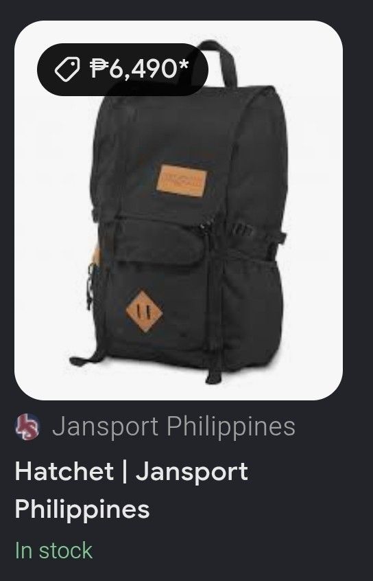 JanSport Hatchet Backpack Black (Category: Backpacks) located in Baguio. Submitted by jayrgijc52758 (Listing ID 1466978667, Image 2). Description: Jansport Hatchet backpack Large size Slightly used Excellent condition Padded sleeve fits a 15" laptop 6,490 pa brandnew nya Selling for only 1300.