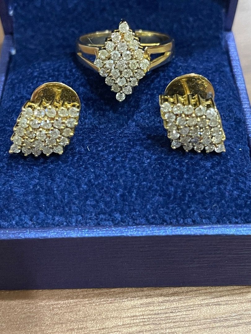 Jewelry Gold Ring and Earring Set with natural diamonds (Category: Luxury Accessories) located in Quezon City. Submitted by yenggaytot76 (Listing ID 1467101561, Image 2). Description: - Brand: Miladay - Set Includes: 1 matching ring and 2 stud earrings - Color: Yellow Gold tone - Design: Diamond-shaped clusters with pave-set crystals - Packaging: Original Miladay yellow box - Perfect for: Daily elegance, parties, or gifting.
