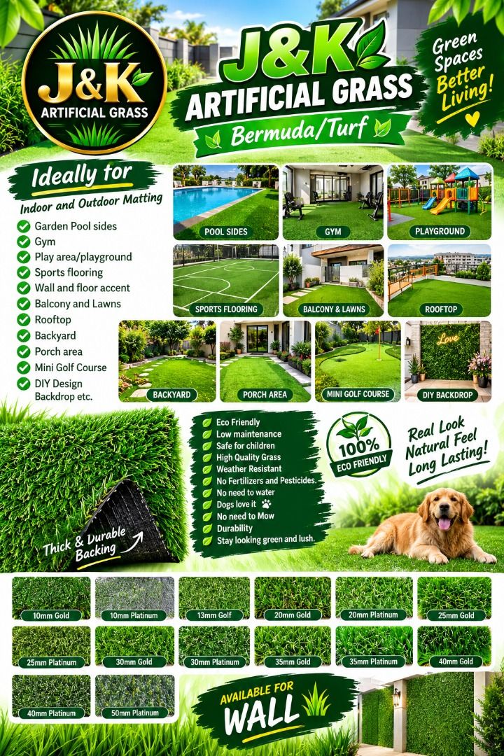 JNK ARTIFICIAL GRASS (Category: Artificial Plants & Flowers) located in Caloocan City. Submitted by jnkarificialgrass (Listing ID 1467023152, Image 1). Description: J&K ARTIFICIAL GRASS 🌱Bermuda/Turf🌱 Ideally for 🔸🔸🔸 Indoor and Outdoor Matting ☑️Garden Pool sides ☑️Gym ☑️Play area/playground ☑️Sports flooring ☑️Wall and floor accent ☑️Balcony and Lawns ☑️Rooftop ☑️Backyard ☑️Porch area ☑️Mini Golf Course ☑️☃️👩‍👦DIY Design Backdrop etc. 💯E