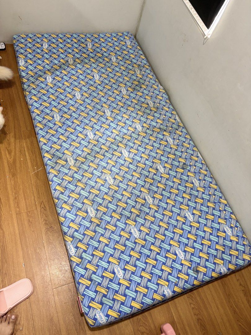 Jolly Single Foam Mattress Blue Woven Pattern (Category: Bed Frames & Mattresses) located in Pasig City. Submitted by petite_declutter (Listing ID 1467008414, Image 1). Description: - Jolly single foam mattress - Stylish blue woven pattern cover - Perfect for standard single bed frames or floor sleeping - Lightweight and easy to move or clean.