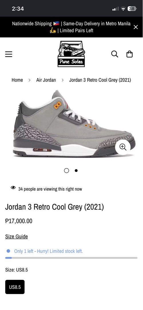 Jordan 3 Retro Cool Grey (Category: Sneakers & Footwear) located in Makati City. Submitted by mightybear_3ac45c (Listing ID 1467136058, Image 3). Description: US 8.5 w/o box Not yet used only fitting Slight nego.