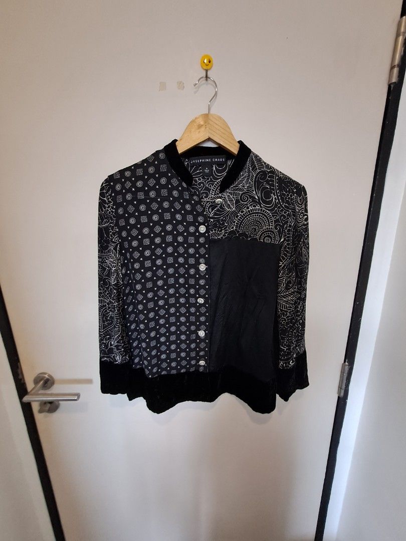 Josephine Chaus paisley longsleve (Category: Longsleeves) located in Manila. Submitted by joanbalde39643 (Listing ID 1467039926, Image 1). Description: This is a vintage Josephine Chaus colorblock patchwork women's blouse featuring mixed geometric, mandala, and paisley patterns with solid black paneling and soft velvet trimming along the collar and bottom hem.