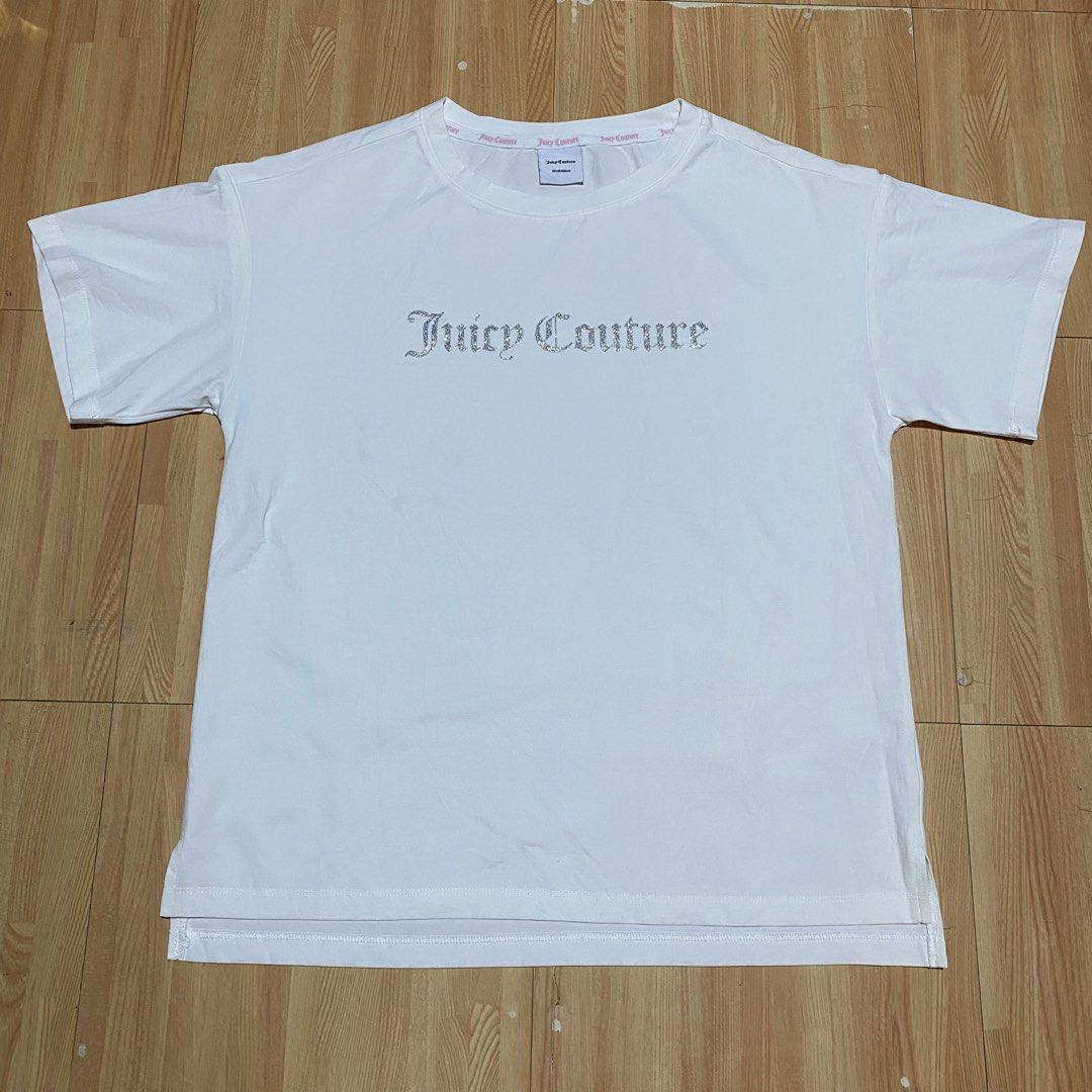 Juicy Couture Tee (Category: Activewear) located in Manila. Submitted by killthismane (Listing ID 1467097031, Image 1). Description: Juicy Couture short-sleeve T-shirt featuring a silver glitter or jeweled-effect spell-out logo across the chest. Size M (20/25).