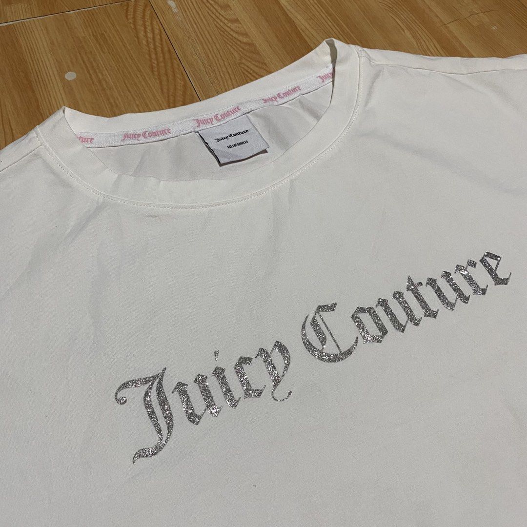 Juicy Couture Tee (Category: Activewear) located in Manila. Submitted by killthismane (Listing ID 1467097031, Image 3). Description: Juicy Couture short-sleeve T-shirt featuring a silver glitter or jeweled-effect spell-out logo across the chest. Size M (20/25).