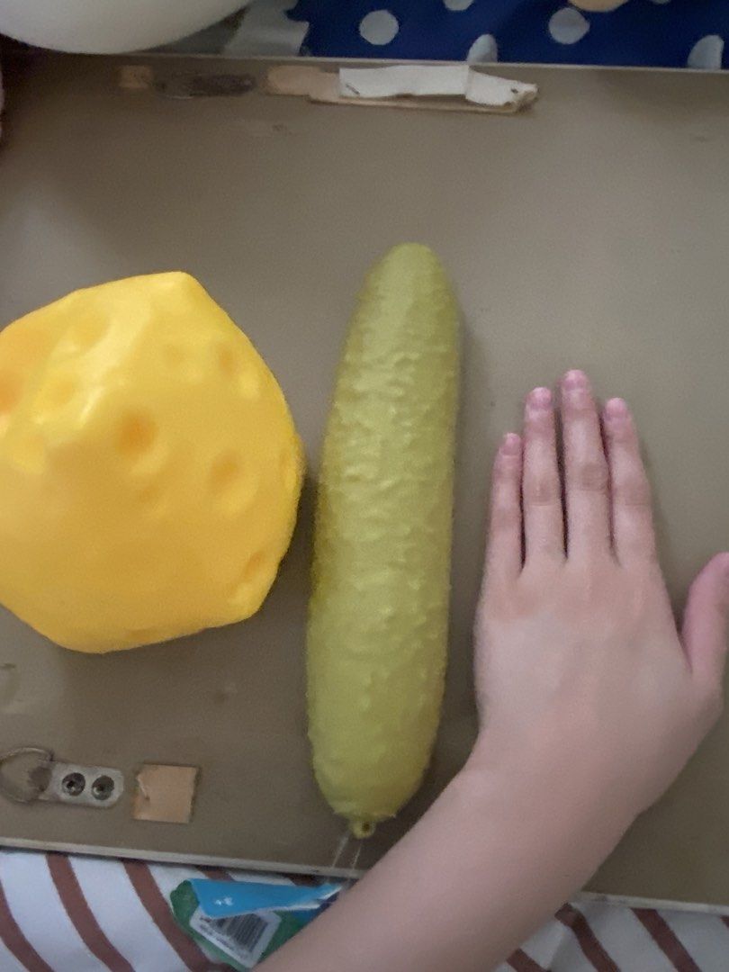 Jumbo Squishy Cheese and Cucumber Toys Set (Category: Kids Toys) located in Manila. Submitted by rnnia_n (Listing ID 1467013833, Image 1). Description: 2 pieces jumbo squishies pack - jumbo cheese - jumbo cucumber.