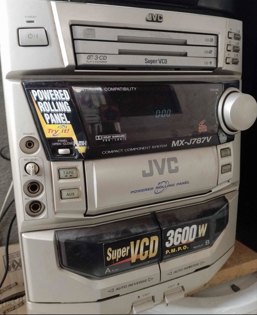 JVC Compact Component System MX-J787V Super VCD (Category: Soundbars, Speakers & Amplifiers) located in Calamba. Submitted by proxima79 (Listing ID 1467132256, Image 2). Description: - Brand/Model: JVC MX-J787V Compact Component Audio System - Power: 3600W PMPO for room-filling sound - Playback: 3-CD multi-tray changer and dual cassette decks with auto-reverse - Radio: Built-in FM/AM tuner - Display: Cool motorized rolling panel for tuner and set