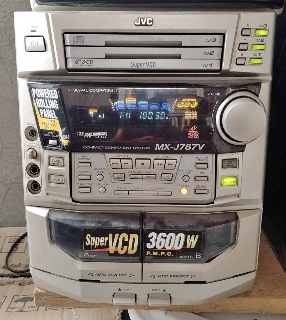 JVC Compact Component System MX-J787V Super VCD (Category: Soundbars, Speakers & Amplifiers) located in Calamba. Submitted by proxima79 (Listing ID 1467132256, Image 1). Description: - Brand/Model: JVC MX-J787V Compact Component Audio System - Power: 3600W PMPO for room-filling sound - Playback: 3-CD multi-tray changer and dual cassette decks with auto-reverse - Radio: Built-in FM/AM tuner - Display: Cool motorized rolling panel for tuner and set