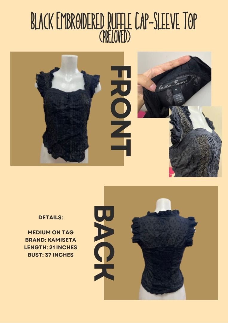 Kamiseta Black Embroidered Ruffle Cap-Sleeve Top Medium (Category: Blouses) located in Bulacan. Submitted by shopwcol_ (Listing ID 1467060725, Image 1). Description: - Brand: Kamiseta - Color: Black - Size: Medium - Measurements: 21" length, 37" bust - Details: Embroidered accents, ruffle cap sleeves, square neckline, front buttons - Condition: Preloved, good shape.