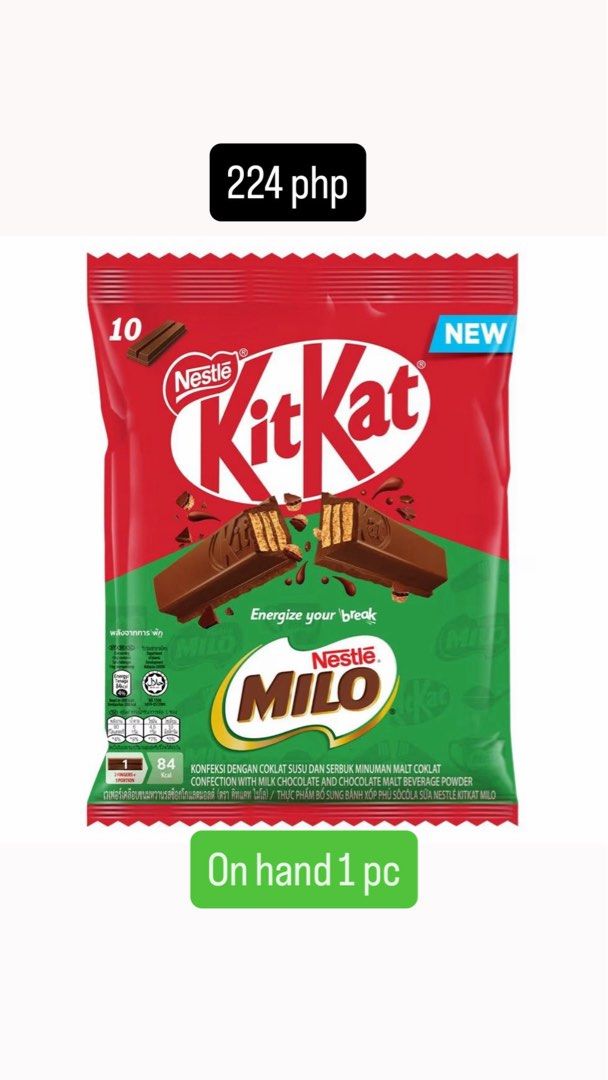 Kitkat Green Tea and Kitkat Milo (Category: Other Food & Drinks) located in Baliuag. Submitted by maleysia_pasabae (Listing ID 1467108218, Image 1). Description: .