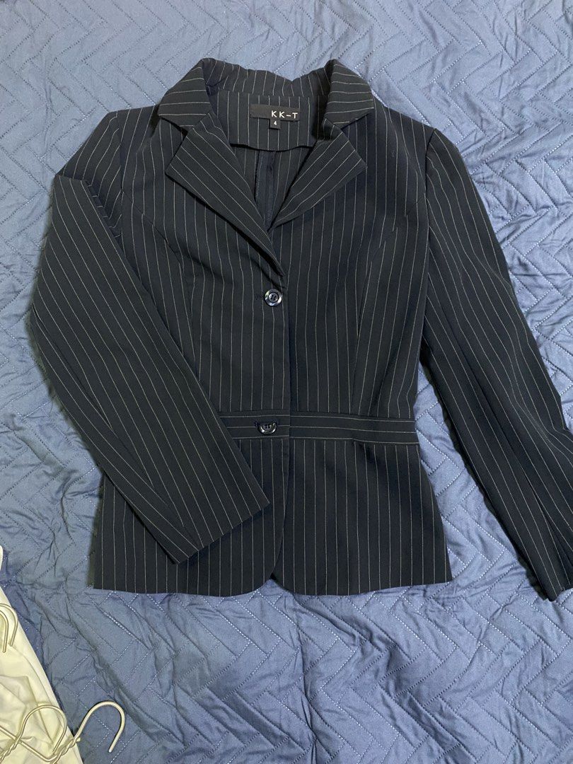 KK-T Striped Blazer Size 4 (Category: Coats, Jackets and Outerwear) located in Manila. Submitted by escherichiaa (Listing ID 1467126602, Image 1). Description: - Brand: KK-T - Size: 4 - Color/Pattern: Black with white vertical pinstripes - Style: Structured lapel collar, front button closures, tailored waist - Condition: Excellent, clean fabric with no stains or loose threads - Ideal for: Office wear, business casual, and formal events.