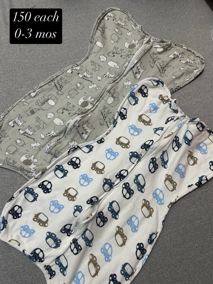 Kolaco Baby Swaddle 0-3 Months Assorted Designs (Category: Babies & Kids Fashion) located in Manila. Submitted by katrinamae15 (Listing ID 1467140852, Image 1). Description: - Brand: Kolaco baby swaddles - Size: 0 to 3 months - Design: Convenient zipper closure for a snug, cozy sleep - Prints: 6 adorable designs available (safari animals, cars, clouds) - Price: ₱150 each - Note: Choose your favorite pattern or grab the complete set!.