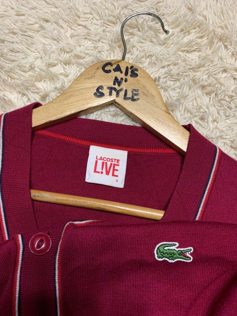 Lacoste knitted Cardigan for men (Category: Hoodies) located in Lianga. Submitted by legitseller12345678 (Listing ID 1467081554, Image 3). Description: Lacoste V-neck Cardigan for men📌 Good as new 10/10 Color rate Size 3 on tag, best fit to medium Dimes 20x27 Napaka solid nito💯 Mine 1550 plus sf Payment first Unli vouch/VC with the items for safety.