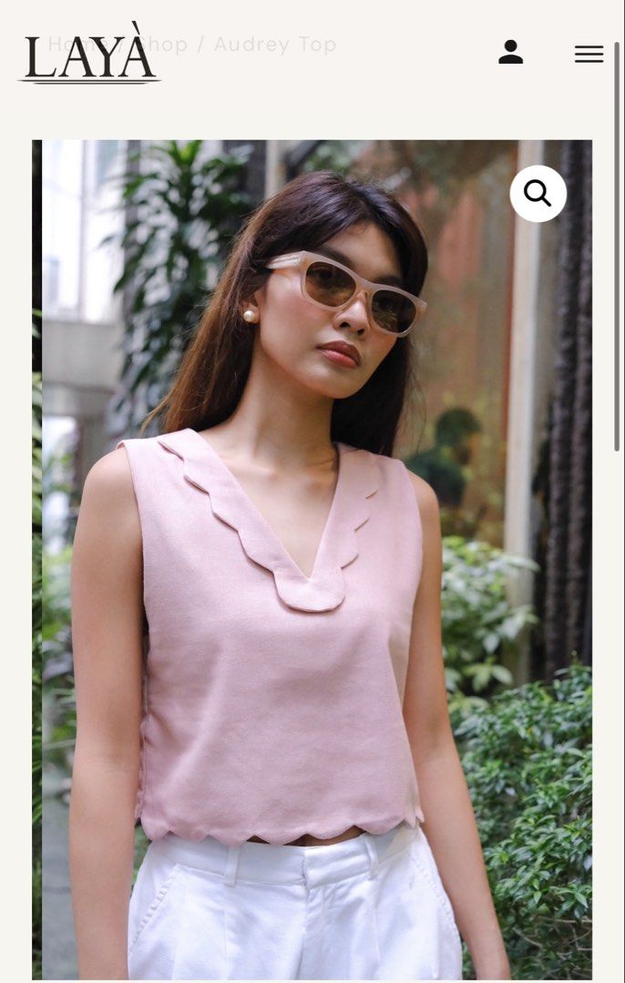 Laya Audrey Top in Rose Large (Category: Sleeveless) located in Mandaluyong City. Submitted by christianne_c (Listing ID 1467107757, Image 1). Description: - Brand: Laya (Audrey Top) - Color: Rose Pink - Size: Large - Design: Sleeveless with a chic scalloped V-neckline and matching scalloped hem - Style: Clean minimalist look, versatile for casual days or brunch dates - Original Retail Price: PHP 1,950 - Rfs: wrong size 🥹 will buy again in a dif