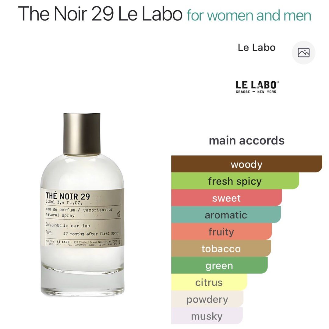 Le Labo Thé Noir 29 1.5ml (Category: Fragrance & Deodorants) located in Makati City. Submitted by cams.closet (Listing ID 1467005767, Image 2). Description: Le Labo Thé Noir 29 1.5ml Envelope card is opened already. Great for travel, your pocket, or your purse! The Noir 29 by Le Labo is a Aromatic fragrance for women and men. The Noir 29 was launched in 2015. The nose behind this fragrance is Frank Voelkl. Top notes: Fig, Bay Leaf, and Bergamot M