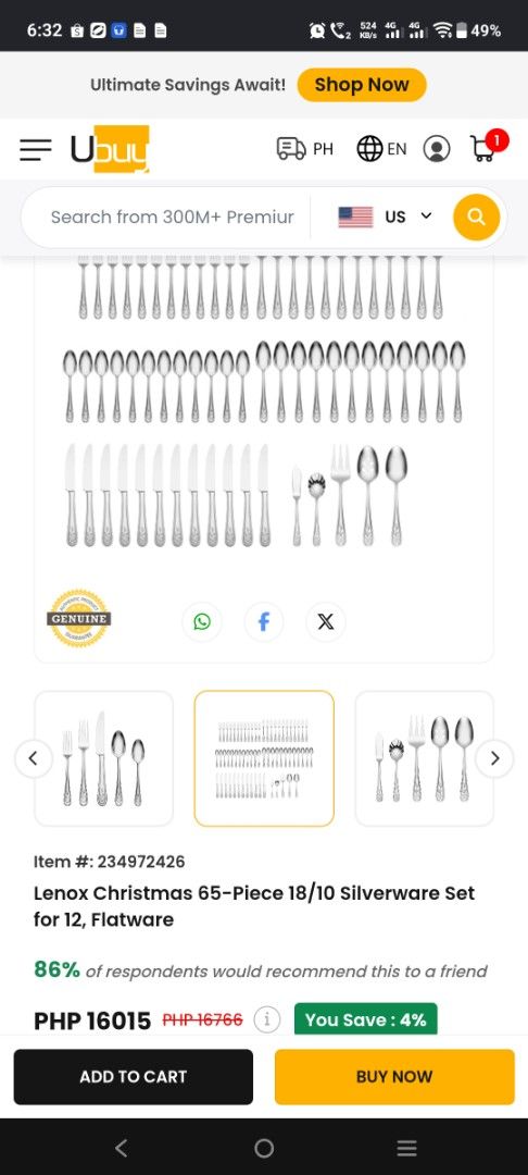 Lenox Christmas 65-Piece 18/10 Silverware Set for 12 (Category: Dinnerware & Cutlery) located in Manila. Submitted by hellow2024 (Listing ID 1467079808, Image 2). Description: - Brand: Lenox Christmas Collection - Material: Premium 18/10 stainless steel - Capacity: Complete service for 12 people - Includes: Dinner forks, salad forks, dinner knives, soup spoons, and teaspoons - Extras: 5 host serving utensils (including butter knife and serving sp