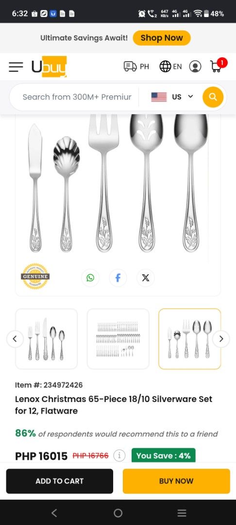 Lenox Christmas 65-Piece 18/10 Silverware Set for 12 (Category: Dinnerware & Cutlery) located in Manila. Submitted by hellow2024 (Listing ID 1467079808, Image 3). Description: - Brand: Lenox Christmas Collection - Material: Premium 18/10 stainless steel - Capacity: Complete service for 12 people - Includes: Dinner forks, salad forks, dinner knives, soup spoons, and teaspoons - Extras: 5 host serving utensils (including butter knife and serving sp
