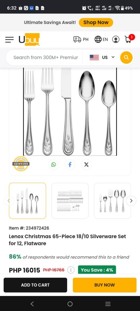 Lenox Christmas 65-Piece 18/10 Silverware Set for 12 (Category: Dinnerware & Cutlery) located in Manila. Submitted by hellow2024 (Listing ID 1467079808, Image 1). Description: - Brand: Lenox Christmas Collection - Material: Premium 18/10 stainless steel - Capacity: Complete service for 12 people - Includes: Dinner forks, salad forks, dinner knives, soup spoons, and teaspoons - Extras: 5 host serving utensils (including butter knife and serving sp
