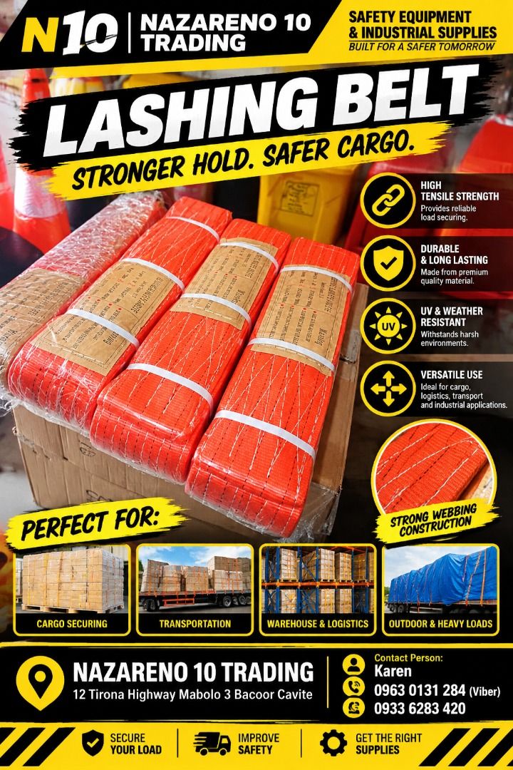 Lifting Belt / Lashing Belt (Category: Looking For) located in Bacoor. Submitted by kajezame.2021 (Listing ID 1467061207, Image 1). Description: Lifting Belt / Lashing Belt For More Details and Discount Contact Ms. Karen NAZARENO 10 TRADING 0963 0131 284 0933 6283 420 0956 7028 557 0933 8559 510 Landline: Look for Ms. Karen (046 ) 416 3920 Also available: • Traffic cone • Parking Block stopper • Hooded trash bin • Road Plastic Barrier • Spill boo