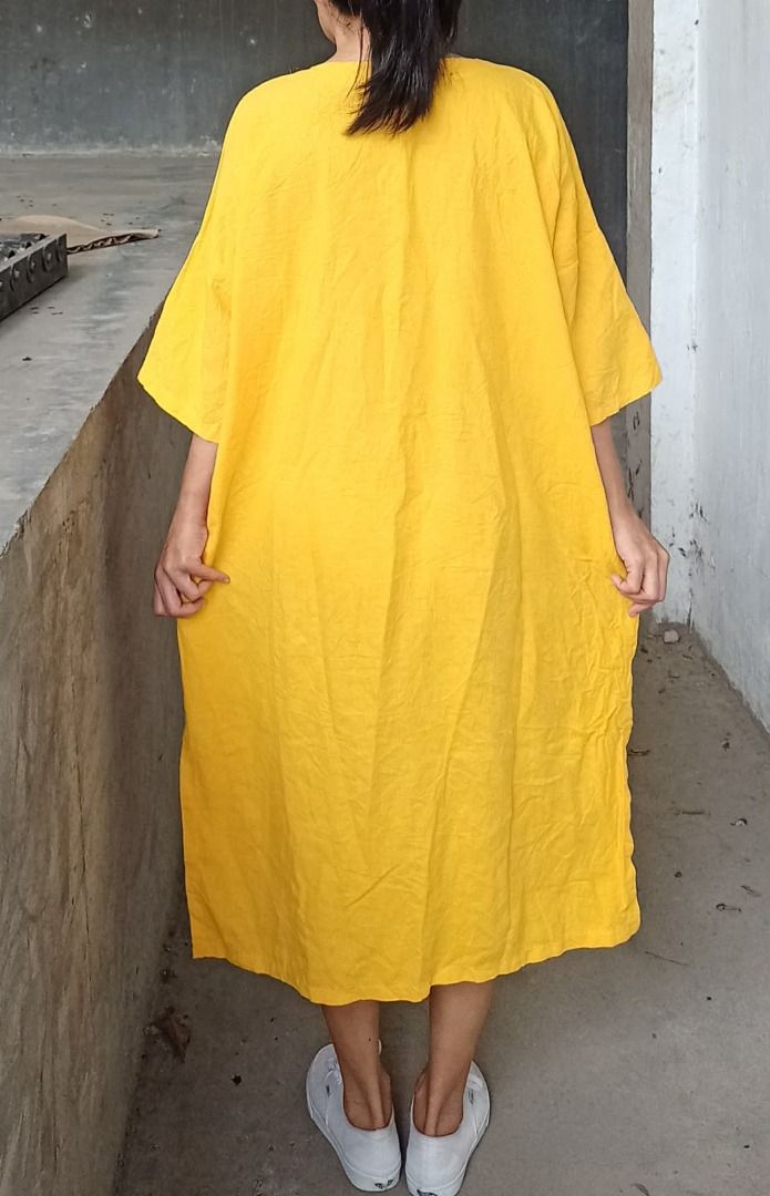 Linen mustard summer dress (Category: Dresses) located in Davao. Submitted by irisrazona16792 (Listing ID 1466979934, Image 3). Description: Bust 50 Waist 48 L 44.5 mall quality.