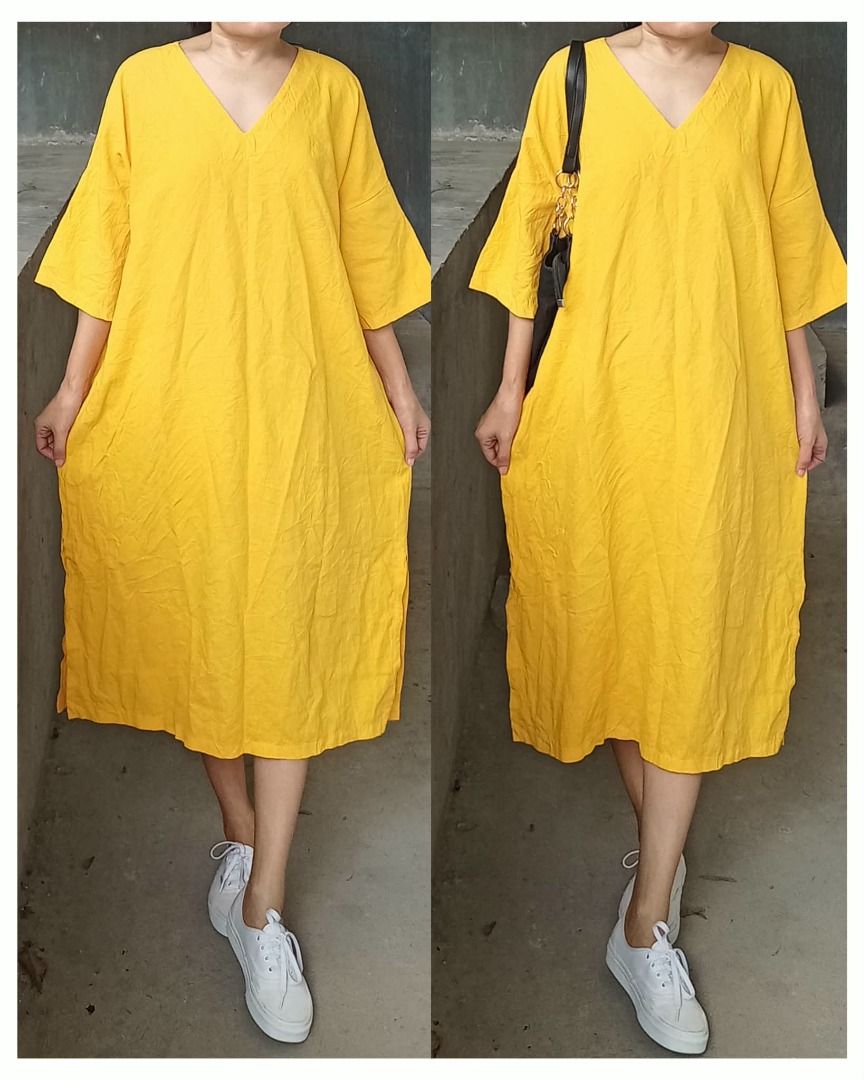 Linen mustard summer dress (Category: Dresses) located in Davao. Submitted by irisrazona16792 (Listing ID 1466979934, Image 2). Description: Bust 50 Waist 48 L 44.5 mall quality.