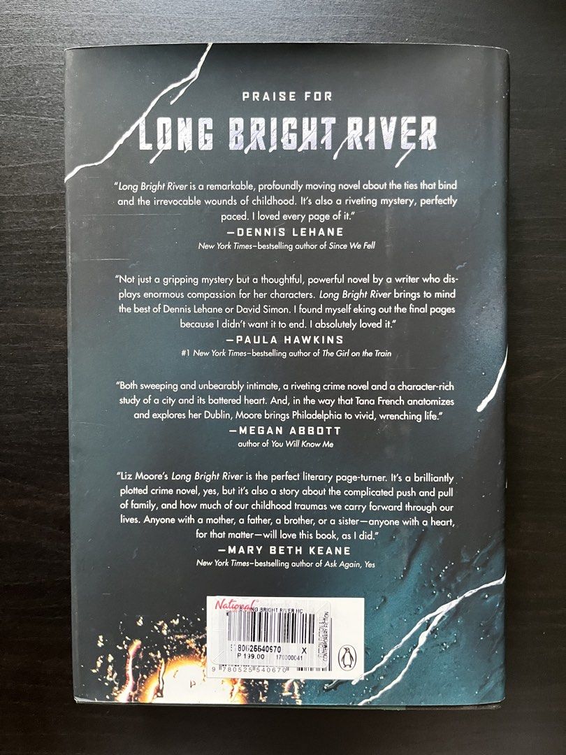 Long Bright River by Liz Moore Novel (Category: Storybooks) located in Manila. Submitted by sunshineapril (Listing ID 1466982422, Image 2). Description: - Title: Long Bright River - Author: Liz Moore - Genre: Thriller / Mystery fiction set in Philadelphia - Publisher: Penguin - Condition: Paperback with clean, white pages; slight shelf wear on edges and corners; price sticker on back cover - Perfect for mystery and thriller fans.