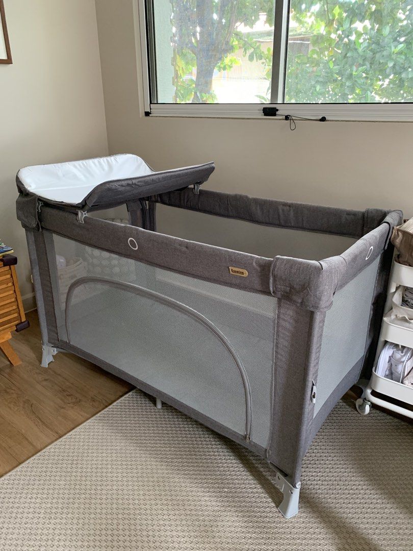 Looping Travel Cot Baby Crib / Playpen (Category: Cots & Cribs) located in Pasig City. Submitted by mscsj (Listing ID 1466980340, Image 3). Description: -Color: Elegant Grey -Safety & Comfort: Breathable mesh sides for better visibility and ventilation -Convenience: Includes a handy top changing station attachment -Portability: Comes with a matching carry bag for easy transport and storage -Structure: Sturdy frame for reliable everyday use -Condi