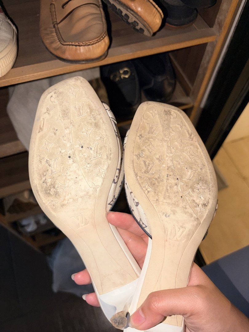 Louis Vuitton Mini Lin Kitten Heels (Category: Heels) located in Calamba. Submitted by rae_preloves (Listing ID 1466977036, Image 2). Description: - Authentic Louis Vuitton open-toe sandals - Beige monogram canvas with cream leather straps - Chic gold-tone buckle hardware - Low heel slip-on style for easy wear - Condition: Shows visible signs of wear, it has a lot of flaws na so for personal use nalang talaga sya - Negotiable - Size 35 1/2 - ship