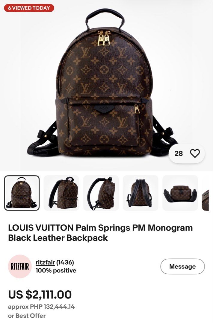 Louis Vuitton Palm Springs PM Monogram Black Leather Backpack (Category: Backpacks) located in Cavite. Submitted by aldrindela40142 (Listing ID 1466990895, Image 2). Description: - Louis Vuitton Palm Springs PM backpack - Iconic Monogram canvas with sleek black leather trim and gold-tone hardware - Functional front zip pocket with stamped LV pull tab - Comfortable, adjustable black leather shoulder straps and top handle - Classic everyday luxury 