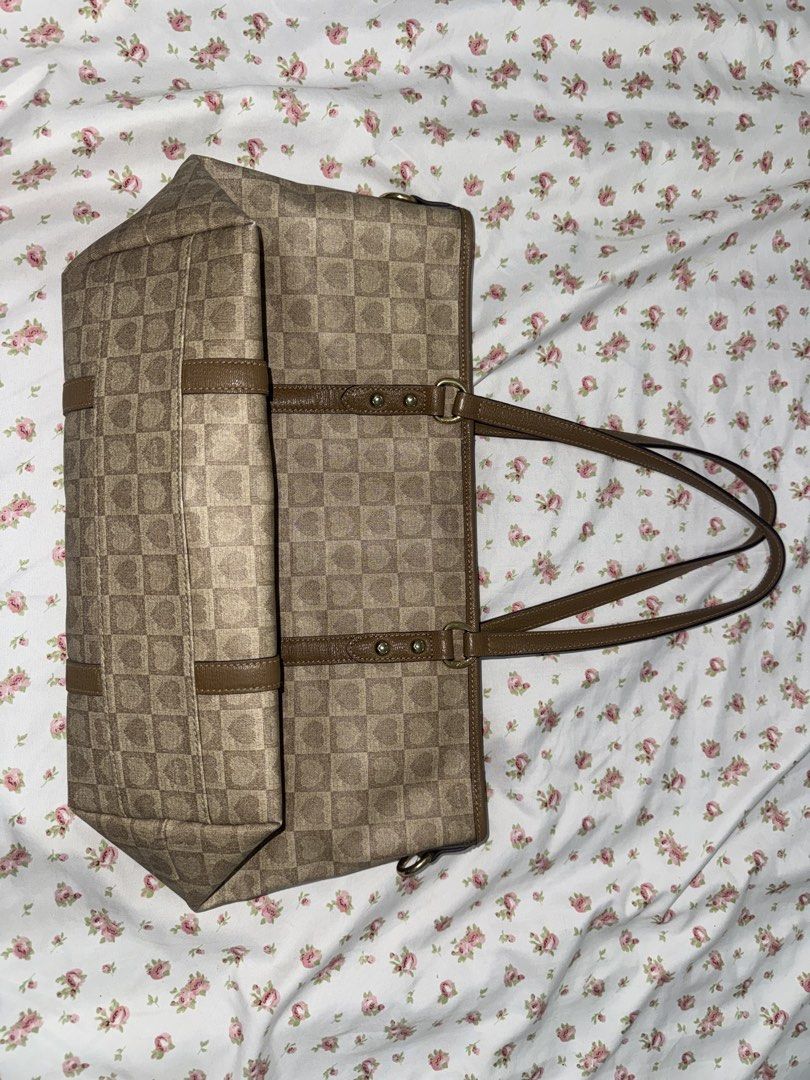Lovcat Paris Checkered Pattern Tote Bag (Category: Tote Bags) located in Medellin. Submitted by bluevelvet_tree (Listing ID 1467052061, Image 2). Description: - Authentic Lovcat Paris tote bag in a chic tan checkered heart pattern - Brown leather straps, base, and trim with sturdy shoulder handles - Cute pink satin interior lining featuring a heart print - Features a secure zip pocket and multiple slip pockets inside - Spacious everyday bag for w