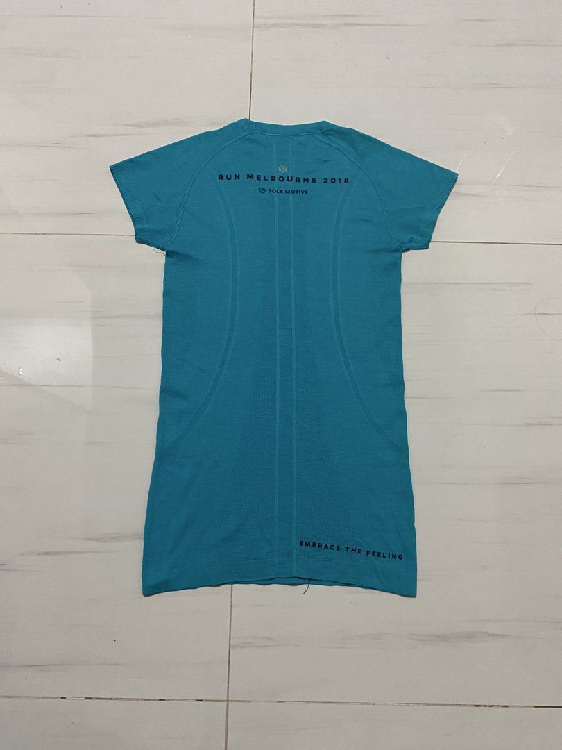 Lululemon Swiftly Tech Short Sleeve (Category: Activewear) located in Manila. Submitted by morsgotthrift (Listing ID 1467124322, Image 1). Description: Lululemon Swiftly Tech Short Sleeve Color Gem Featuring a “Run Melbourne 2018” and “Sole Motive” Event print Authentic no issue Size 4 No issue excellent condition like new 480+sf.