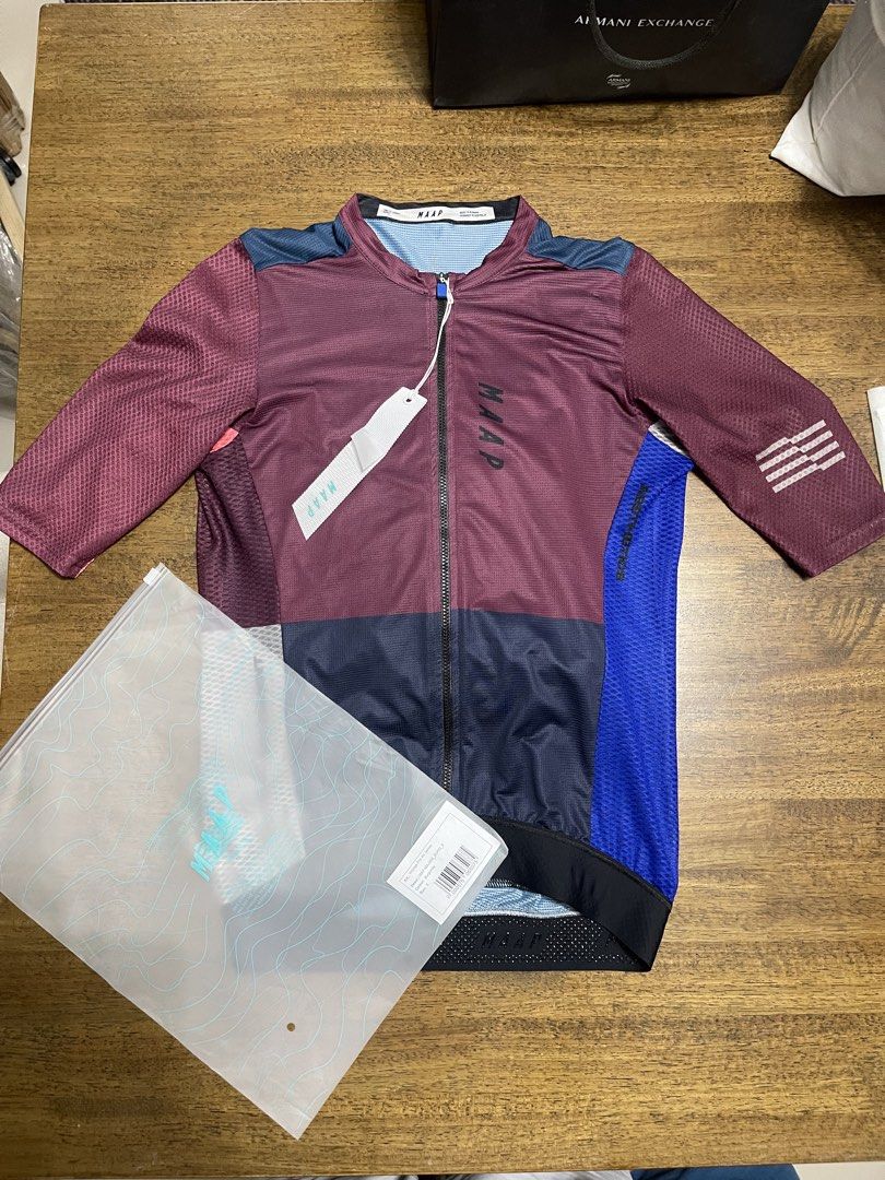 MAAP Cycling Jersey Pro Hex Pro Air (Category: Activewear) located in Quezon City. Submitted by mgn_mgn (Listing ID 1466979468, Image 1). Description: - Brand: MAAP - Items: Voyage Pro Air Jersey (Burgundy) - Size: S for both - Condition: Brand new with tags (BNWT), never worn, pristine condition - Packaging: Original branded ziplock packaging included for each - Features: High-performance material with super breathable mesh panels .