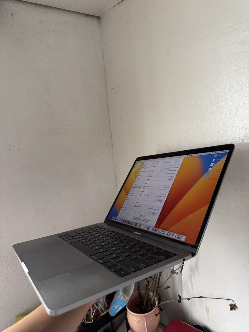 MacBook Pro 13-inch 2017 Two Thunderbolt 3 ports (Category: Laptops & Notebooks) located in Caloocan City. Submitted by donny00 (Listing ID 1467053278, Image 2). Description: - Model: MacBook Pro 13-inch (2017, Space Grey) - Performance: Intel Core i5 processor, 8GB RAM, 128GB SSD - OS: Running smooth macOS Ventura 13.7.1 - Condition: Fully functional screen, responsive keyboard and trackpad; normal wear around ports/edges - Battery: Holds a reli