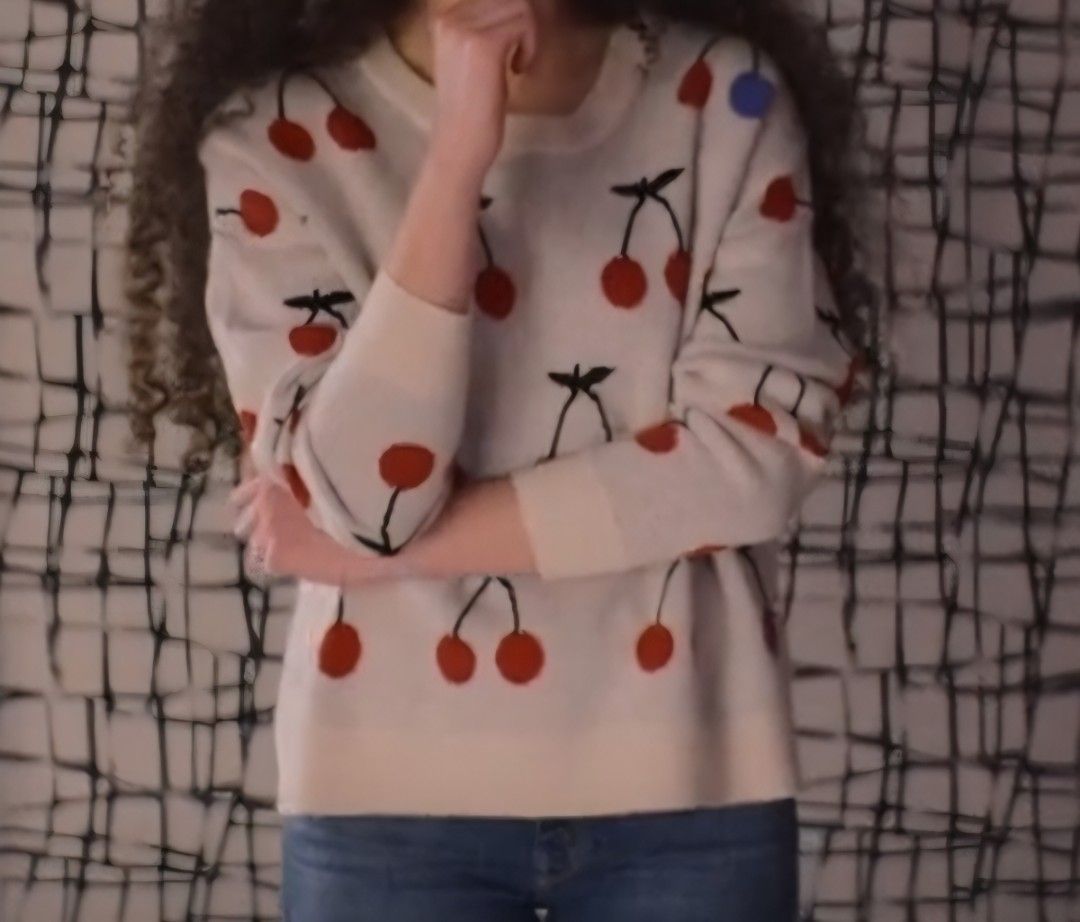 Madewell cherry print jacket large - xl zara mango (Category: Longsleeves) located in San Pablo. Submitted by allyourbrandedneeds (Listing ID 1467040412, Image 1). Description: - Brand: Madewell - Style: Cream crewneck sweater with all-over cherry pattern and blue cherry accents - Size: XL - Material: 38% viscose, 35% polyamide, 22% merino wool, 5% alpaca - Features: Ribbed collar, cuffs, and hem; soft, cozy, and warm knit - Care: Hand wash only 
