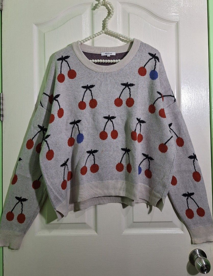 Madewell cherry print jacket large - xl zara mango (Category: Longsleeves) located in San Pablo. Submitted by allyourbrandedneeds (Listing ID 1467040412, Image 3). Description: - Brand: Madewell - Style: Cream crewneck sweater with all-over cherry pattern and blue cherry accents - Size: XL - Material: 38% viscose, 35% polyamide, 22% merino wool, 5% alpaca - Features: Ribbed collar, cuffs, and hem; soft, cozy, and warm knit - Care: Hand wash only 