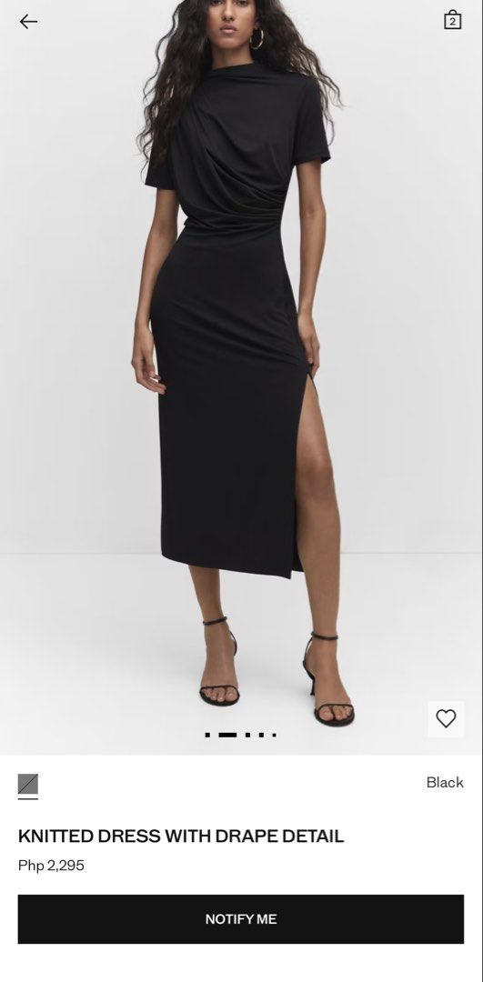 Mango Knitted Dress with Drape Detail Black (Category: Dresses) located in Taguig. Submitted by jaqandherstack (Listing ID 1467098863, Image 1). Description: - Brand new with original store tags attached - Elegant black midi dress in stretch knit fabric - Chic asymmetric draped neckline and short sleeves - Flattering gathered side detail and side slit on the skirt - Versatile piece, perfect for casual outings or evening wear.