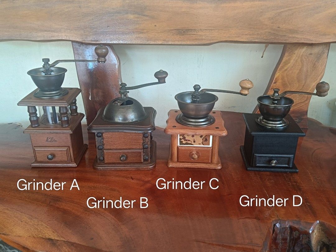 Classic Manual Coffee Grinder Collection (Sold per Piece) (Category: Vintage Collectibles) located in Imus. Submitted by ABrielleC (Listing ID 1466982068, Image 1). Description: Video Link https://youtube.com/shorts/BTQBW23lFOE?si=iLMPiHFJo3iCVWmM Wood Casing Tested Working 💥sold💥👉Grinder A (Php 1200) Height-8in Length-4in Width-4in Weight-1kg 👉Grinder B (Php 1200) Height-6in Length-5.5in Width-5.5in Weight-1kg 👉Grinder C (Php 1000) Height-6