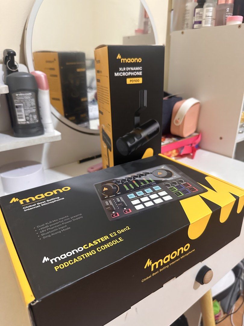 Maono MaonoCaster E2 Gen2 & PD100 XLR Dynamic Microphone (Category: Microphones) located in Taguig. Submitted by impulsivebuyer0225 (Listing ID 1467060892, Image 1). Description: - Complete podcasting bundle: MaonoCaster E2 Gen2 console and PD100 XLR dynamic microphone - Dual XLR mic inputs with powerful 60dB mic preamp and 48V phantom power - Built-in Bluetooth input and fun sing-along mode for versatile audio creation - Both items are complete 