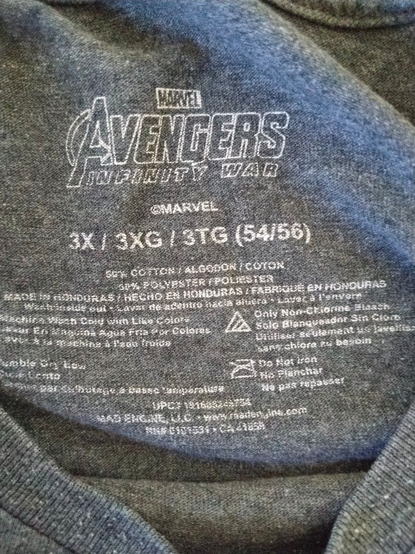 Marvel Avengers: Infinity War Official Tee — Size 3XL (Category: Tshirts & Polo Shirts ) located in Mabalacat. Submitted by al_amin_thrift (Listing ID 1467067551, Image 2). Description: 🦸 Marvel Avengers: Infinity War Official Tee — Size 3X (54/56) ✔️ Official Marvel Merchandise — Mad Engine, LLC ✔️ Avengers: Infinity War graphic — Rocket, Star-Lord, Iron Man, Spider-Man + Thanos Infinity Gauntlet ✔️ Color: Heather charcoal gray — soft & classic