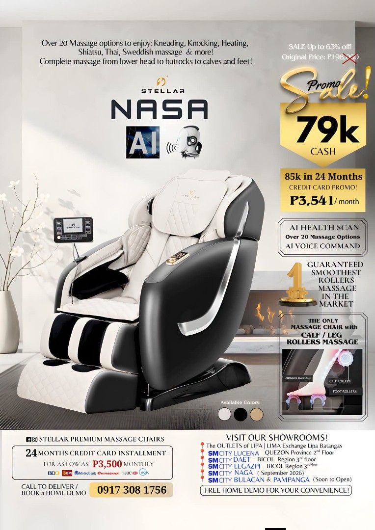 MASSAGE CHAIR (Category: Chairs) located in Manila. Submitted by jellycalica (Listing ID 1467124528, Image 3). Description: FOR SALE: Stellar NASA AI Massage Chair 🤍 💰 Original Price: ₱79,000 💸 Selling Price: ₱59,000 RFS: Takaw sa space Details: 🤍 6 months used 🤍 Rarely used. well-maintained and clean 🤍 Perfect for home relaxation after a long day 🤍 No issues, ready to use! Features: ✨ Over 20 MASSAGE Options (Shiatsu, Kneading, Tapping, T