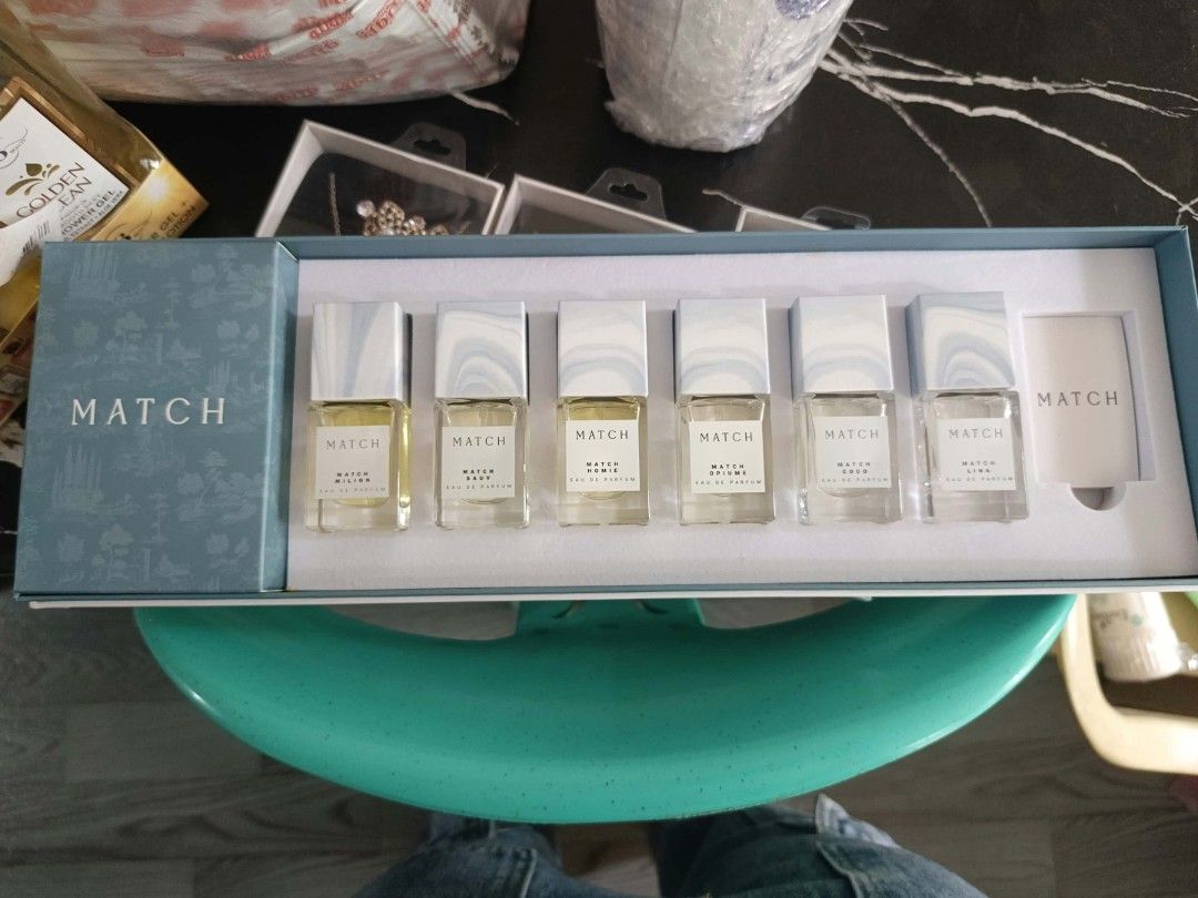 Match Perfumes Discovery Set Eau De Parfum (Category: Fragrance & Deodorants) located in Manila. Submitted by boniskye (Listing ID 1466990224, Image 3). Description: - 6 travel-sized eau de parfum fragrances in one gift set - Includes: Match Milion, Match Sauv, Match Homie, Match Opiume, Match Coco, and Match Lina - Features elegant marbled caps and a chic white gift box - Made in KSA - Manufacture Date: January 2026 - Expiry Date: January 2029.