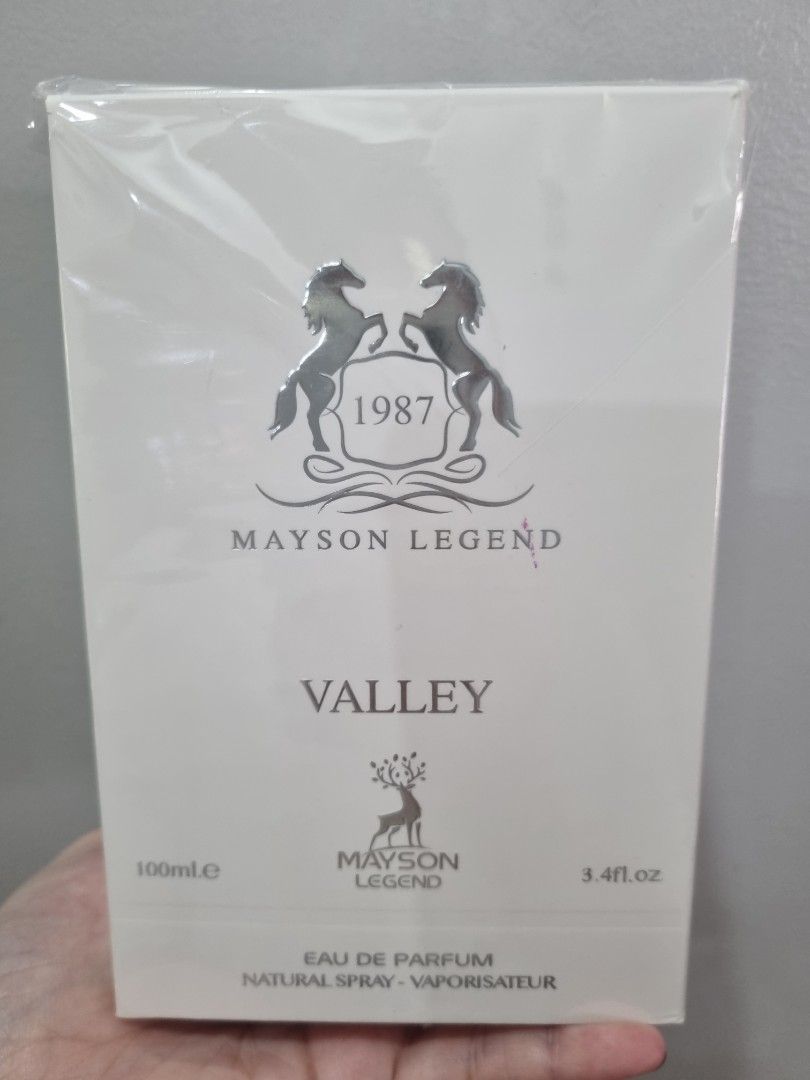 Mayson Legend Valley Eau De Parfum 100ml (Category: Fragrance & Deodorants) located in Manila. Submitted by funbagslove (Listing ID 1466977989, Image 3). Description: - Brand: Mayson Legend Valley - Type: Eau de Parfum (Natural Spray Vaporisateur) - Size: 100ml - Condition: Brand new, factory plastic-sealed with authenticity sticker - Details: Multilingual warnings (French, Arabic, etc.) and ingredient list (Alcohol Denat, Parfum, Water) printed 