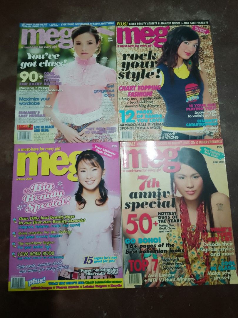 Meg Magazines 2004-2005-2006 (Category: Magazines) located in Valenzuela. Submitted by kn.sell (Listing ID 1467162863, Image 1). Description: - Bundle of 4 vintage Meg magazines - Issues included: October 2004, June 2005, August 2005, May 2006 - Condition: Shows normal wear and tear from reading and storage over the years - Great addition for collectors and Y2K fashion lovers.