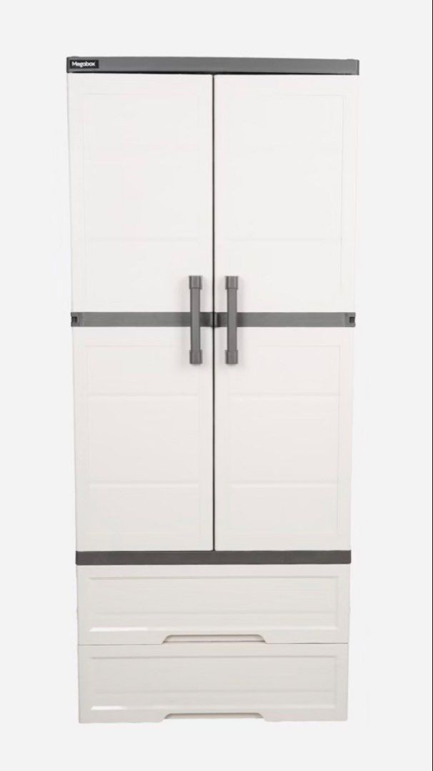 Megabox Plastic Wardrobe Cabinet with Drawers (Category: Shelves, Cabinets & Racks) located in Manila. Submitted by jhie24 (Listing ID 1467151748, Image 1). Description: - Brand: Megabox - Color: White with dark grey trim and accents - Storage: 2 main doors with vertical handles, 2 spacious bottom drawers - Material: Sturdy, easy-to-clean plastic - Design: Clean finish, standard home size - Benefit: Keeps clothes and items neat and organized RFS: