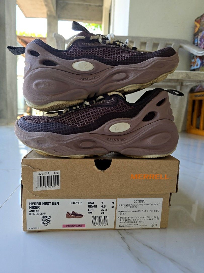 Merrell Hydro Next Gen Hiker (Category: Sneakers) located in Quezon. Submitted by cyra222 (Listing ID 1467051710, Image 3). Description: - Brand: Merrell Hydro Moc AT - Color: Plum Purple - Condition: Like new (Pristine uppers and clean outsoles) - Design: Chunky sculpted midsole with breathable mesh uppers - Closure: Quick-lace system with toggle closure - Inclusion: Comes with original Merrell shoebox - Perfect for outdoor adventures, water act