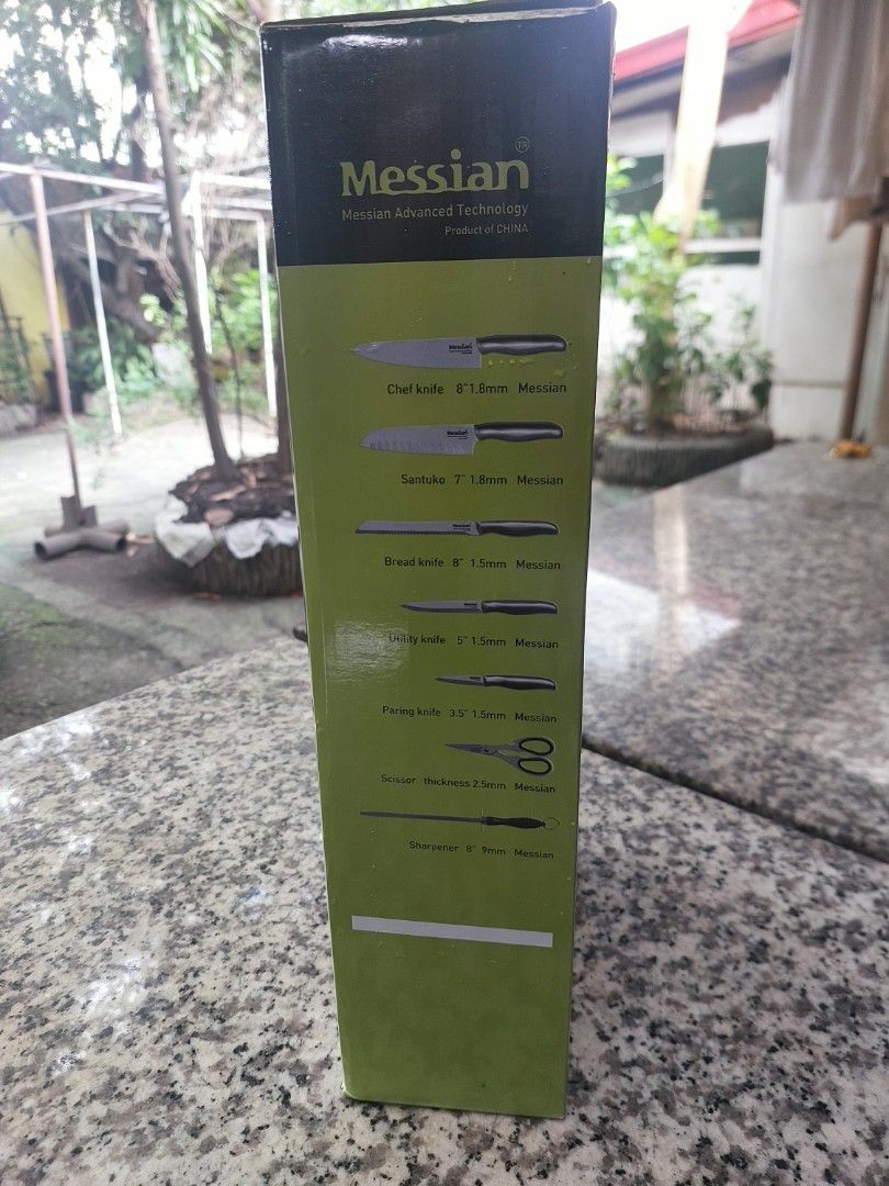 Messian SH-2014 Advanced Technology Knife Set with Wood Block (Category: Knives & Chopping Boards) located in Las Pinas. Submitted by michtradingandventures (Listing ID 1467087365, Image 2). Description: - Brand: Messian (Model SH-2014) - Condition: Brand new in original box - Material: Advanced technology blades made in China - 8-inch Chef Knife - 7-inch Santoku Knife - 8-inch Bread Knife - 5-inch Utility Knife - 3.5-inch Paring Knife - Kitchen 