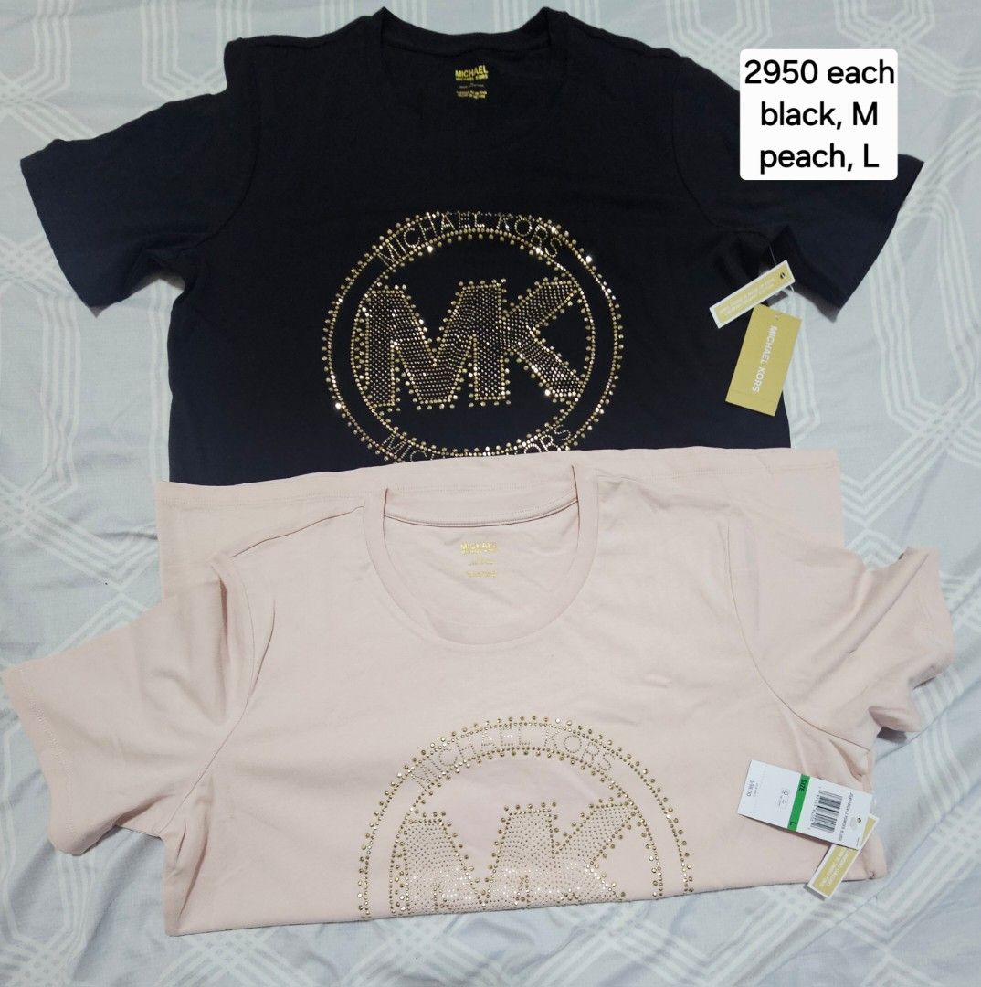 Michael Kors MK Logo T-Shirts (Black & Pink) (Category: Shirts) located in Davao. Submitted by dahl957172787 (Listing ID 1460247238, Image 1). Description: - Authentic Michael Kors T-shirts - Available in Black and Light Pink - Features iconic MK logo embellished with sparkling rhinestones - Brand new with original tags attached - Ideal for stylish casual wear - Price: PHP 2950each.