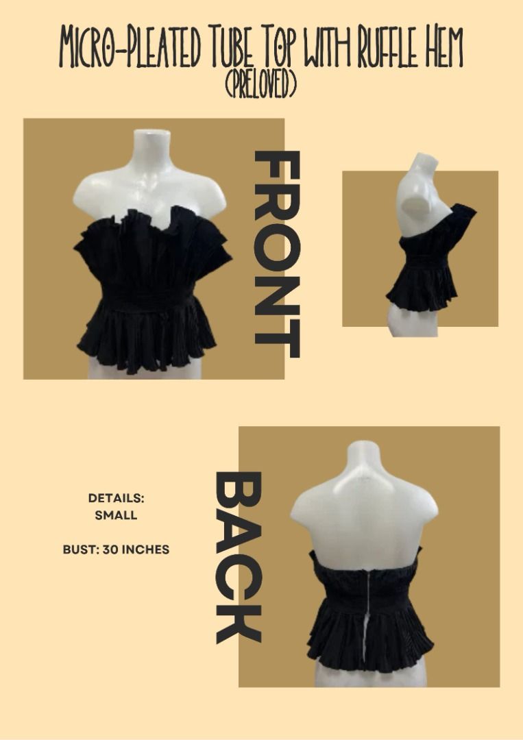 Micro-Pleated Tube Top With Ruffle Hem Black Small (Category: Sleeveless) located in Bulacan. Submitted by shopwcol_ (Listing ID 1467065916, Image 1). Description: - Style: Structured bustier tube top with micro-pleats and a statement ruffle peplum hem - Color: Black - Size: Small (best fits 30-inch bust) - Closure: Back zipper - Condition: Preloved, well-maintained - Pairing: Great with high-waisted denim or mini skirts for night outs.
